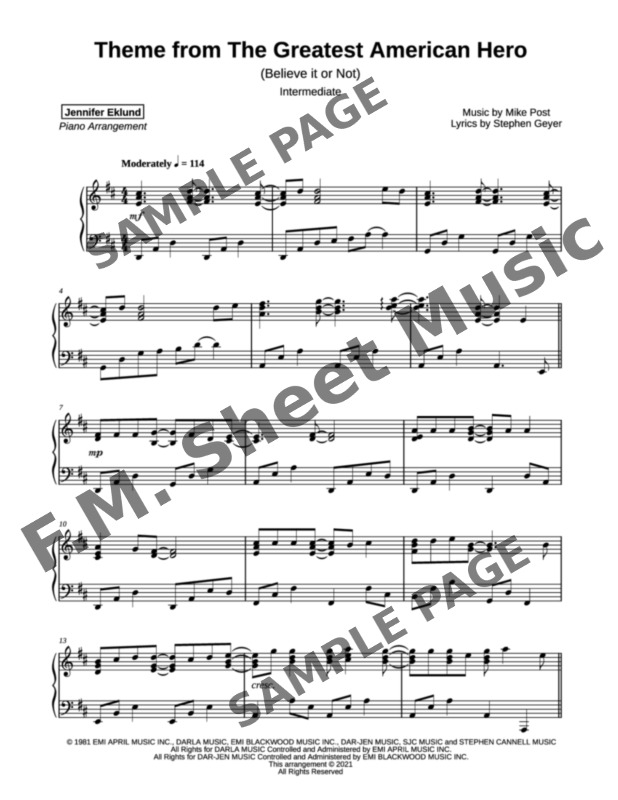 Believe It Or Not (Theme from "The Greatest American Hero") (Intermediate Piano) By Joey